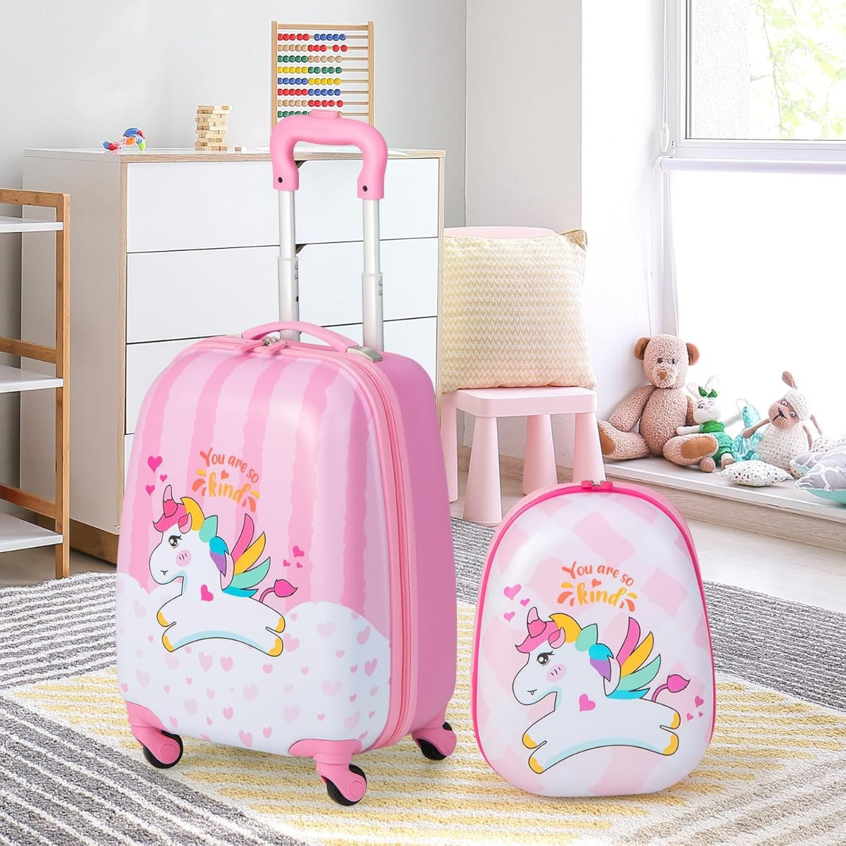 Conjunto de Mala e Mochila Infantis 16"+12" - Mala de Viagem com 4 Rodas e Pega Ajustável - Motivo de Unicórnio Rosa