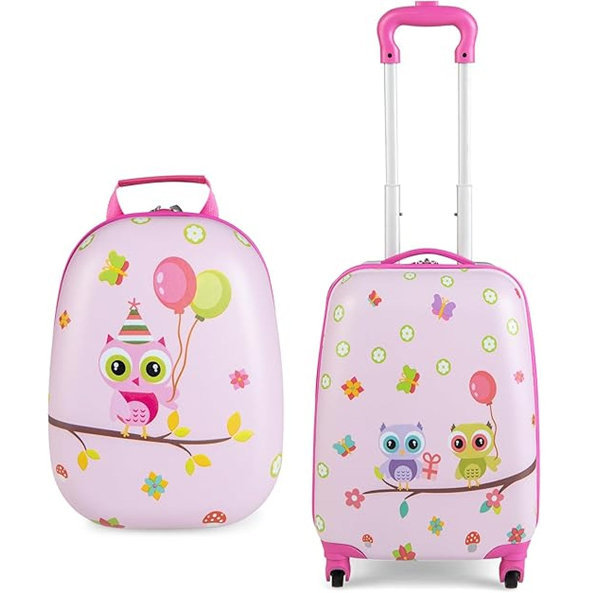 Conjunto de Malas de Viagem de Cabine para Crianças 16" Mala com Rodas e Mochila Infantil 12" com Pega e Alças Ajustáveis Corujas