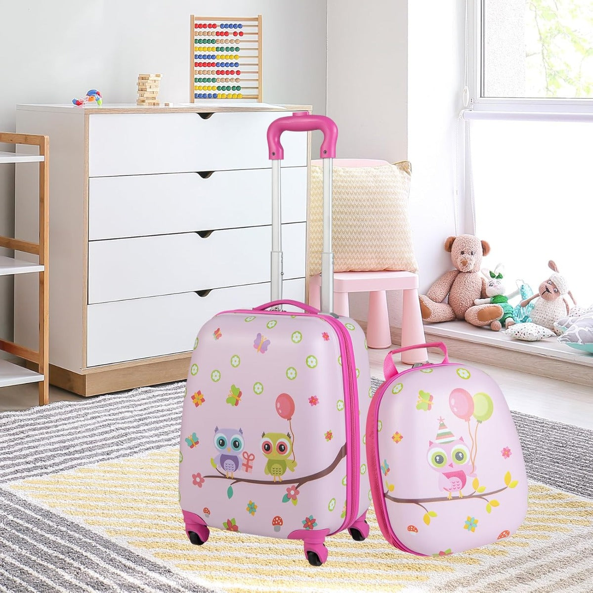 Conjunto de Malas de Viagem de Cabine para Crianças 16" Mala com Rodas e Mochila Infantil 12" com Pega e Alças Ajustáveis Corujas