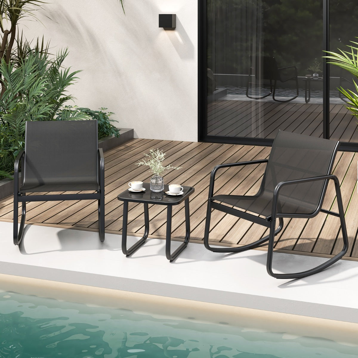 Conjunto de Mesa e 2 Mecedoras de Bistrô – 72 x 61 x 80 cm, 44 x 44 x 40 cm – Preto – Metal e Vidro