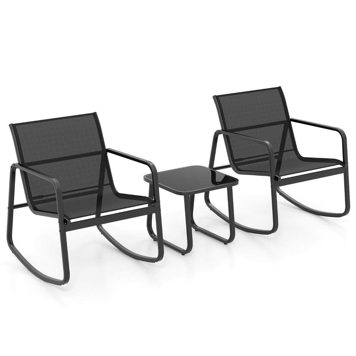 Conjunto de Mesa e 2 Mecedoras de Bistrô – 72 x 61 x 80 cm, 44 x 44 x 40 cm – Preto – Metal e Vidro