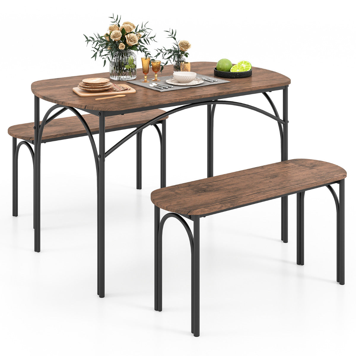 Conjunto de Mesa de Jantar de 3 Peças para 4 Pessoas – Madeira e Metal – Castanho