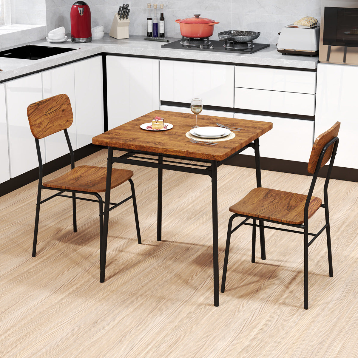 Conjunto de Mesa de Jantar de 3 Peças com Mesa e Cadeiras Quadradas com Estante Estrutura Metálica Conjunto de Móveis de Cozinha Café