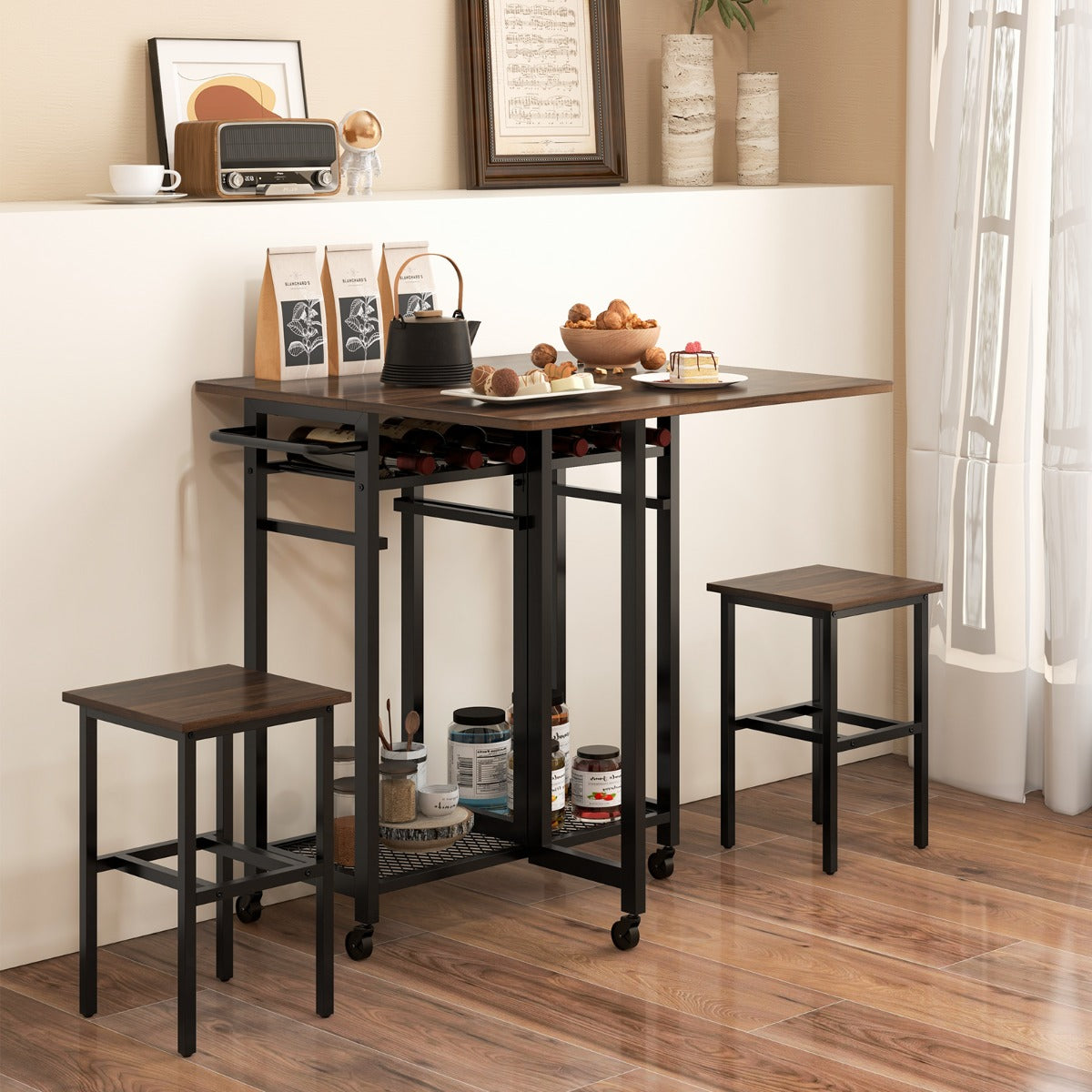 Conjunto de Mesa de Bar e 2 Bancos de Bar – 74 cm x 74 cm – Castanho – Metal