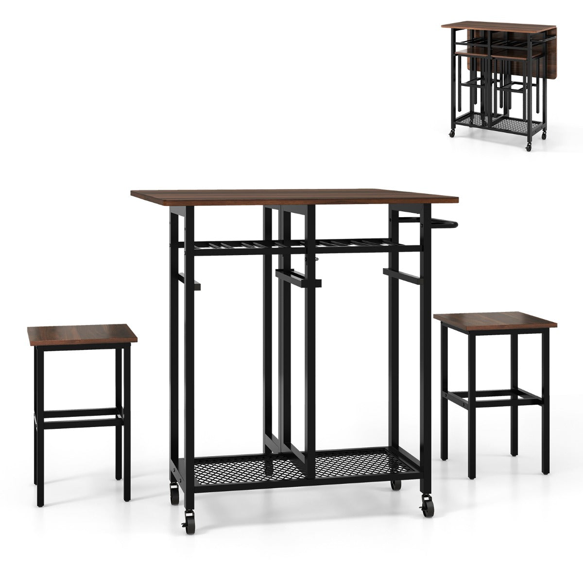 Conjunto de Mesa de Bar e 2 Bancos de Bar – 74 cm x 74 cm – Castanho – Metal