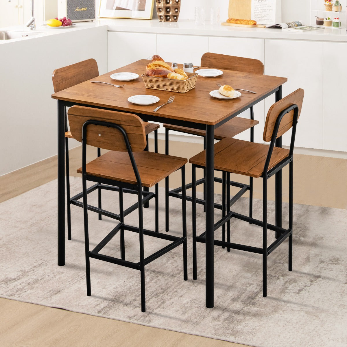 Conjunto de Mesa de Jantar de 5 Peças em Nogueira com Mesa de Altura de Mostrador e 4 Taburetes de Bar