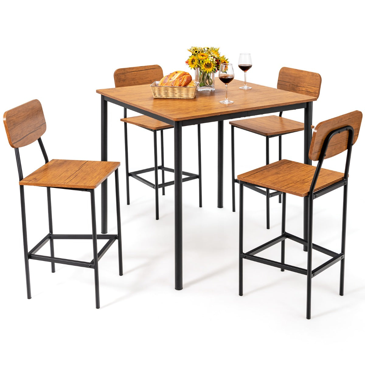 Conjunto de Mesa de Jantar de 5 Peças em Nogueira com Mesa de Altura de Mostrador e 4 Taburetes de Bar