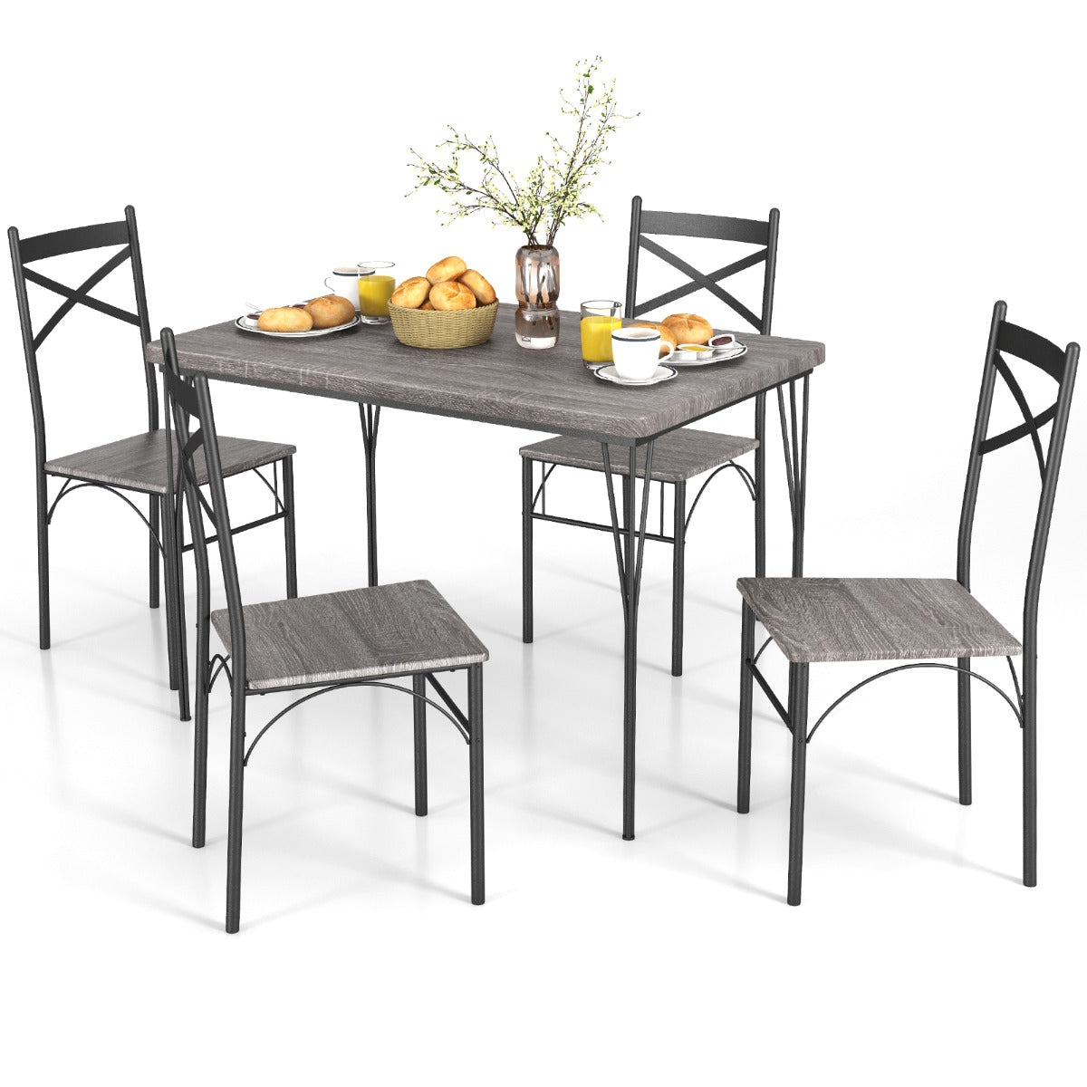 Conjunto de Mesa de Jantar de 5 Peças com Mesa Retangular Moderna e 4 Cadeiras de Estrutura Metálica para Cozinha, Escritório e Restaurante em Cinzento