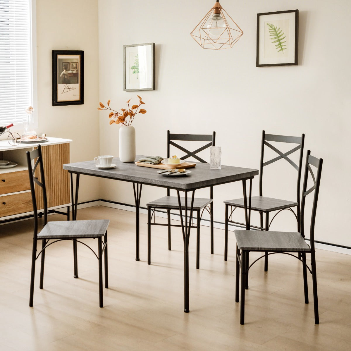 Conjunto de Mesa de Jantar de 5 Peças com Mesa Retangular Moderna e 4 Cadeiras de Estrutura Metálica para Cozinha, Escritório e Restaurante em Cinzento
