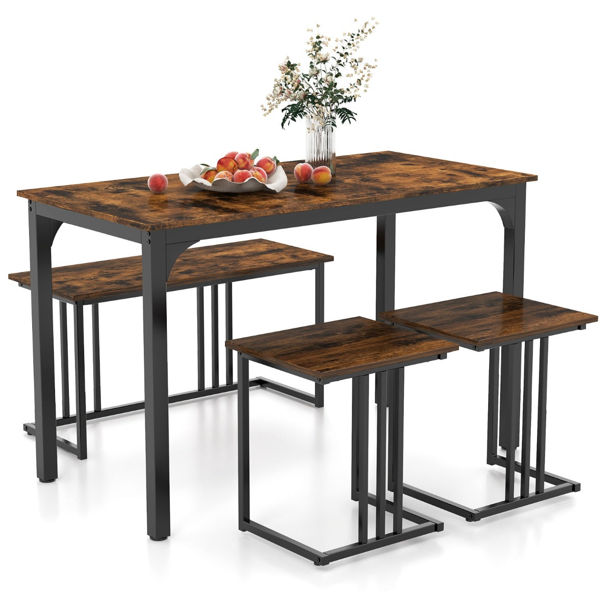 Conjunto de Mesa de Jantar com Banco e 2 Banquetas – 120 x 60 cm – Castanho – Aço e Madeira