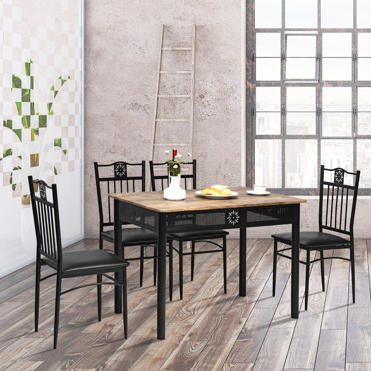 Conjunto de Mesa de Jantar Moderna com 4 Cadeiras Estofadas para Casa e Restaurante Preto