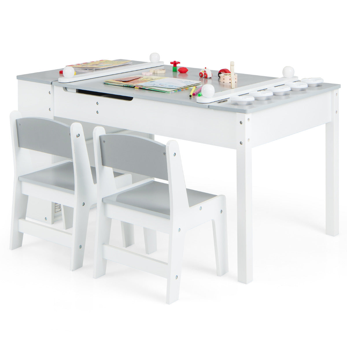 Conjunto de Mesa de Arte Elevável e 2 Cadeiras – 109 cm x 60 cm x 53 cm – Cinza