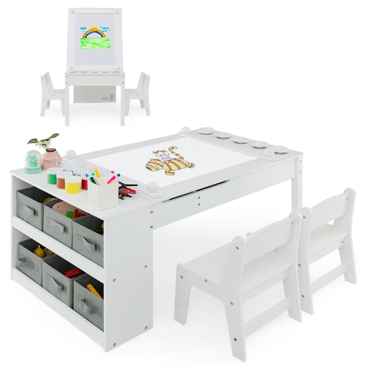 Conjunto de Mesa de Arte Elevável e 2 Cadeiras para Crianças – 109 cm x 60 cm x 53 cm – Branco – Material não explícito