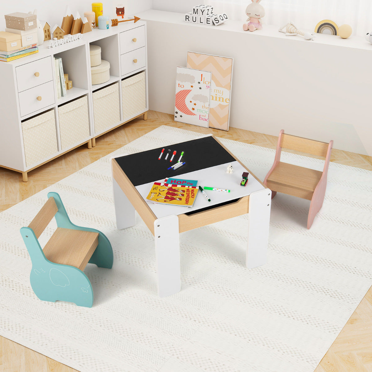 Conjunto de Mesa e 2 Cadeiras para Crianças Mesa de Atividades em Madeira 4 em 1 para Arte Desenho Leitura Pizarra Desmontável Multicolor