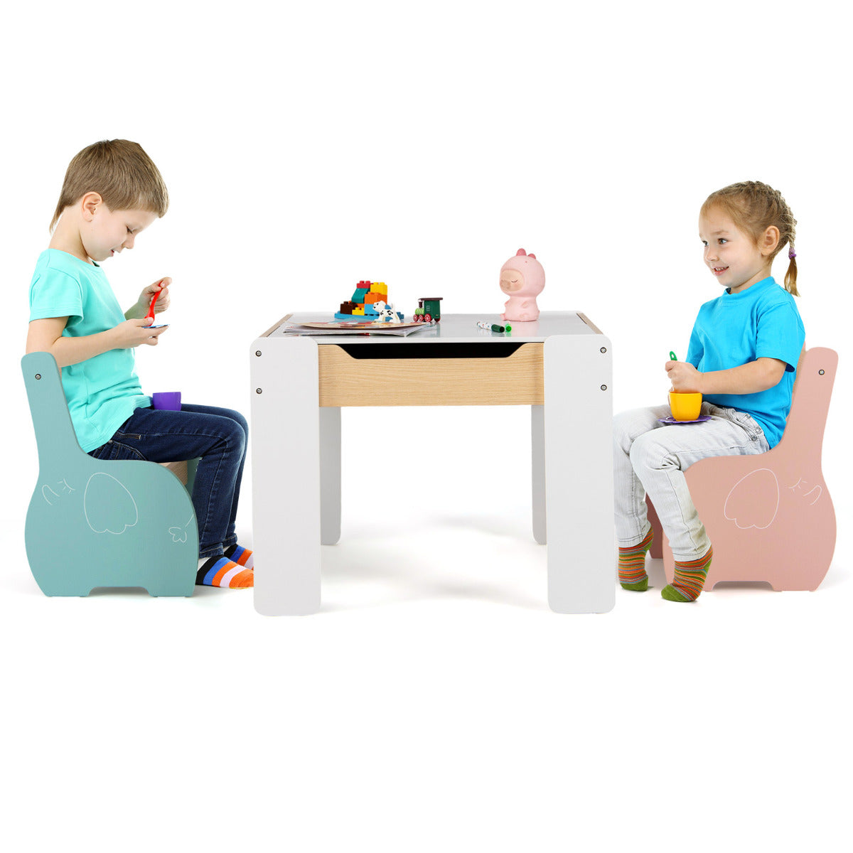 Conjunto de Mesa e 2 Cadeiras para Crianças Mesa de Atividades em Madeira 4 em 1 para Arte Desenho Leitura Pizarra Desmontável Multicolor