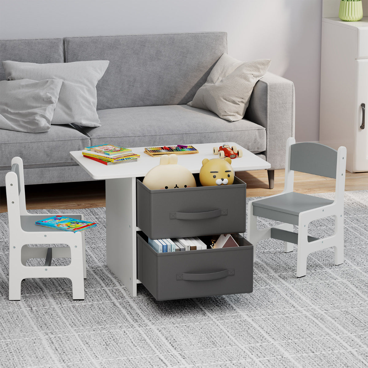 Conjunto de Mesa e 2 Cadeiras para Crianças com 3 Peças, com Cestos de Armazenamento Removíveis, Móveis Cinza