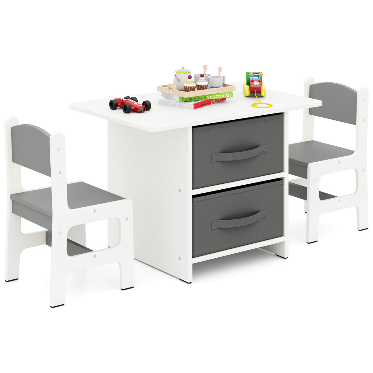 Conjunto de Mesa e 2 Cadeiras para Crianças com 3 Peças, com Cestos de Armazenamento Removíveis, Móveis Cinza