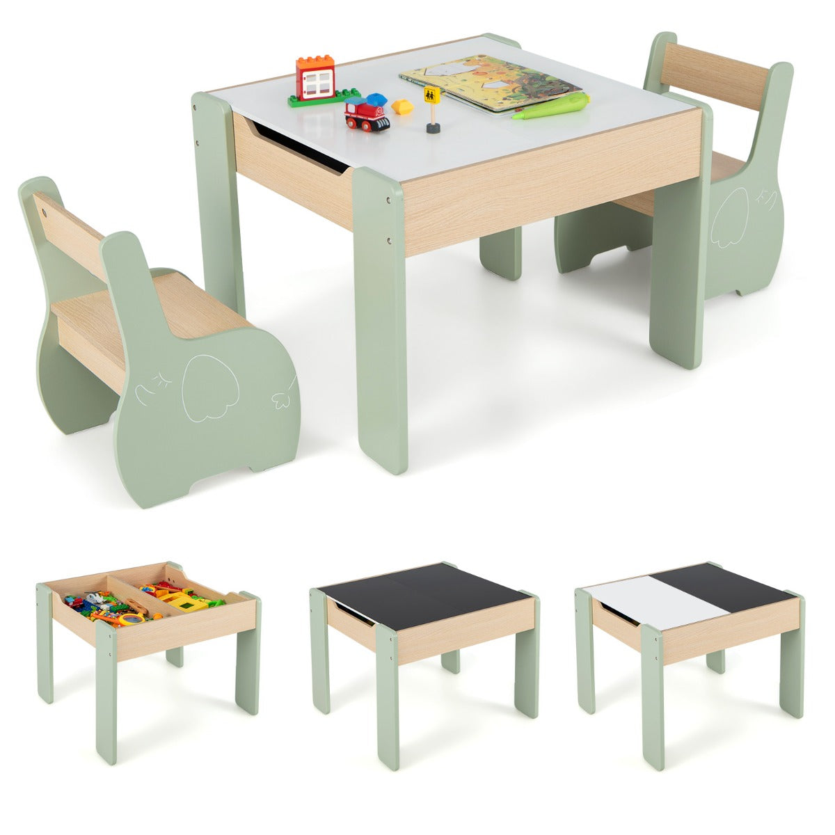 Conjunto de Mesa e 2 Cadeiras para Crianças Mesa de Atividades em Madeira 4 em 1 para Arte Desenho Leitura Quadro Verde