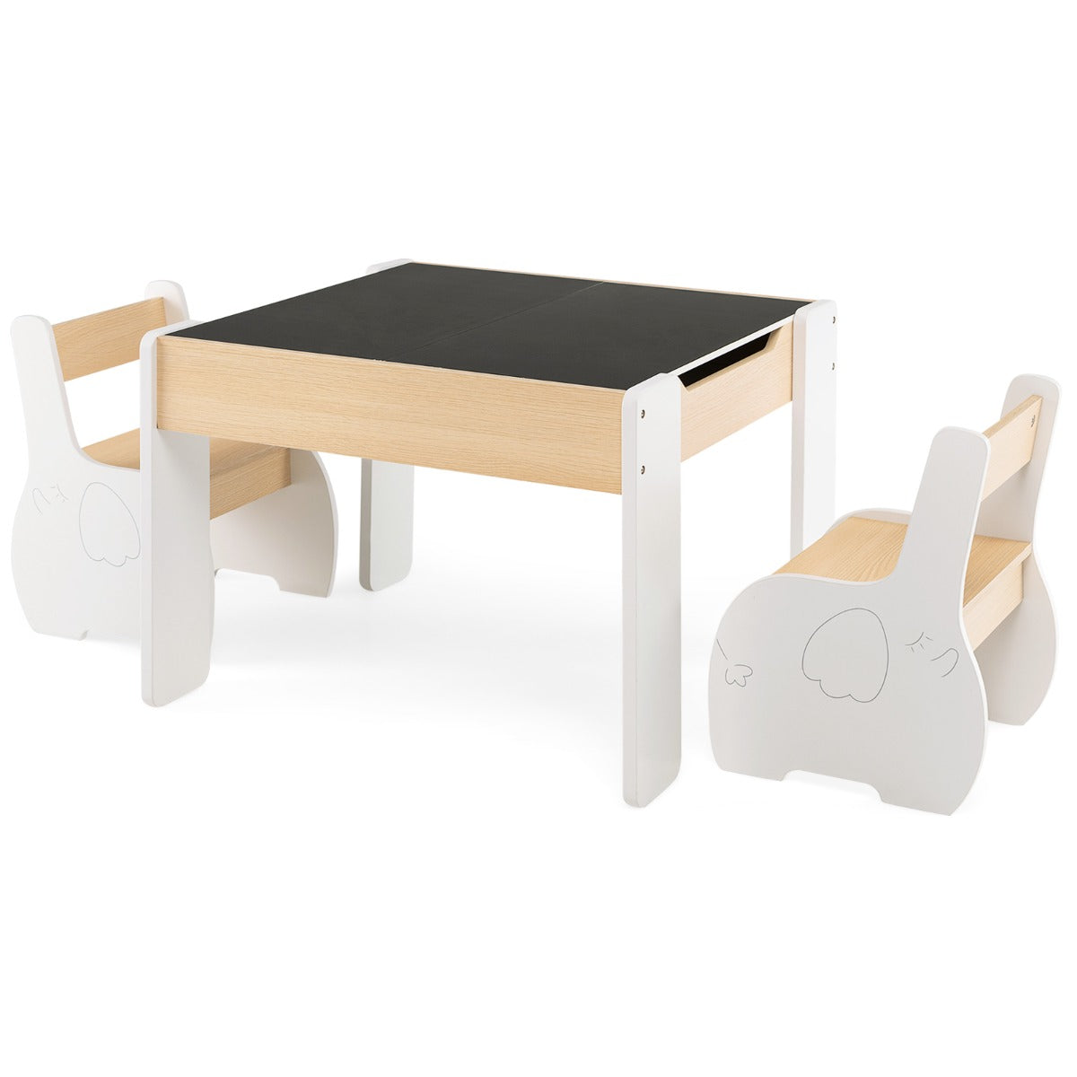 Conjunto de Mesa e 2 Cadeiras para Crianças Mesa de Atividades em Madeira 4 em 1 para Arte Desenho Leitura Quadro Branco Removível