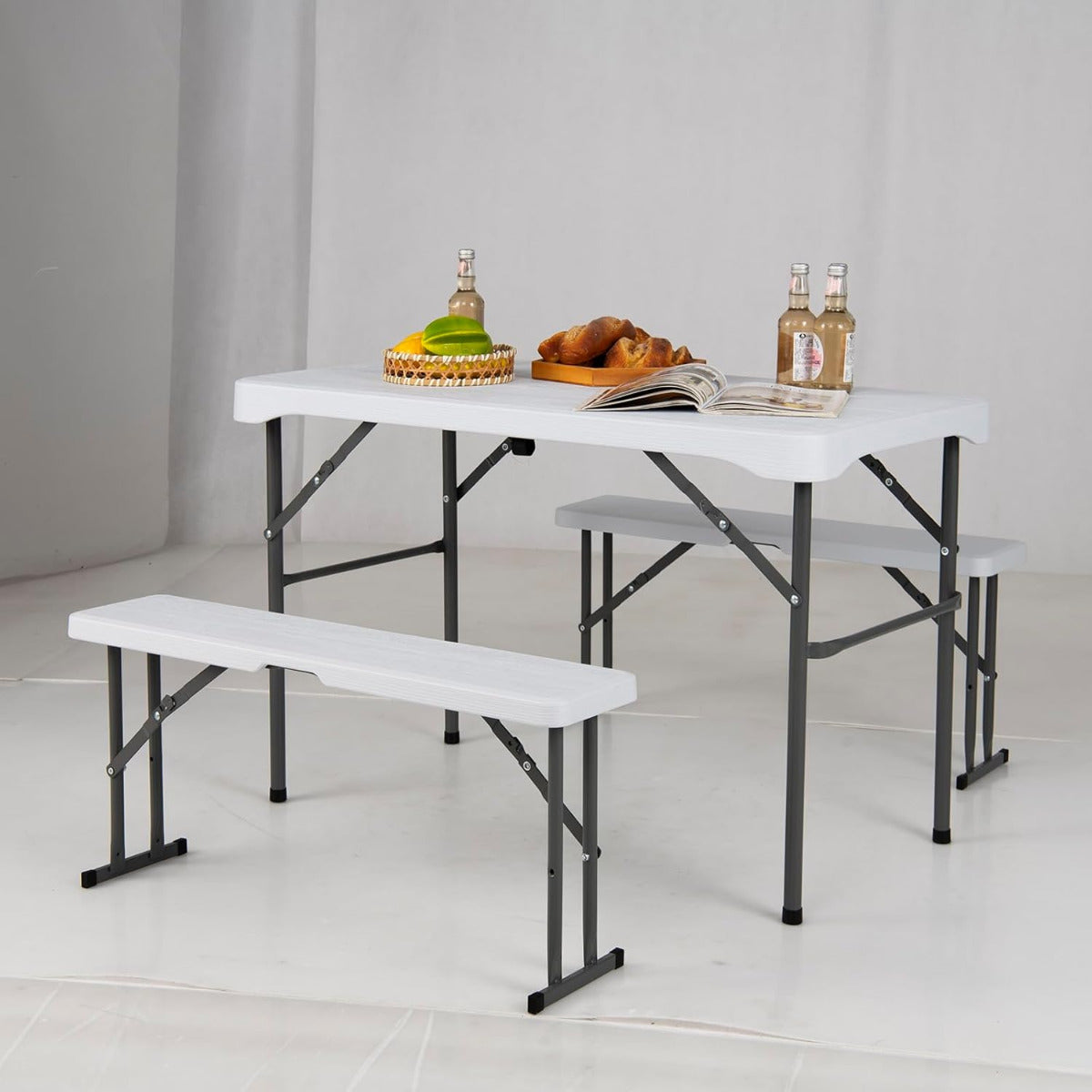 Conjunto de Mesa e Bancos para Exterior Mesa de Piquenique Dobrável com 2 Bancos Superfície em HDPE Resistente a Todas as Condições Meteorológicas para Pátio Jardim Branco