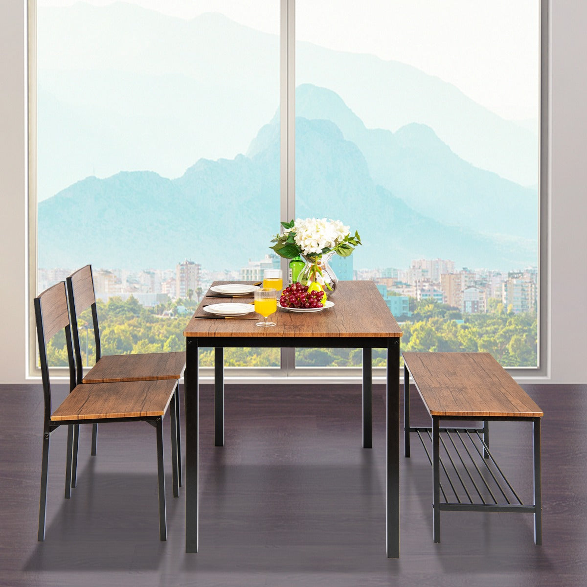 Conjunto de Mesa de Jantar Industrial com 2 Cadeiras e 1 Banco Estrutura em Metal e Prateleira - Castanho Claro