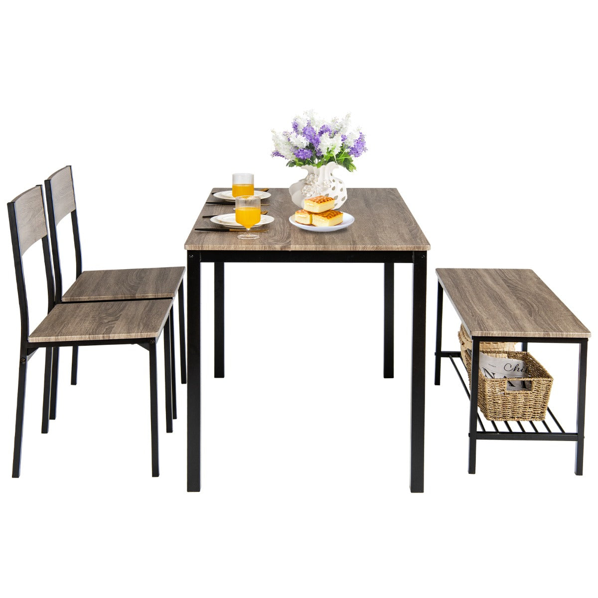 Conjunto de Mesa de Jantar Industrial com 2 Cadeiras e 1 Banco Estrutura em Metal e Prateleira - Cinzento