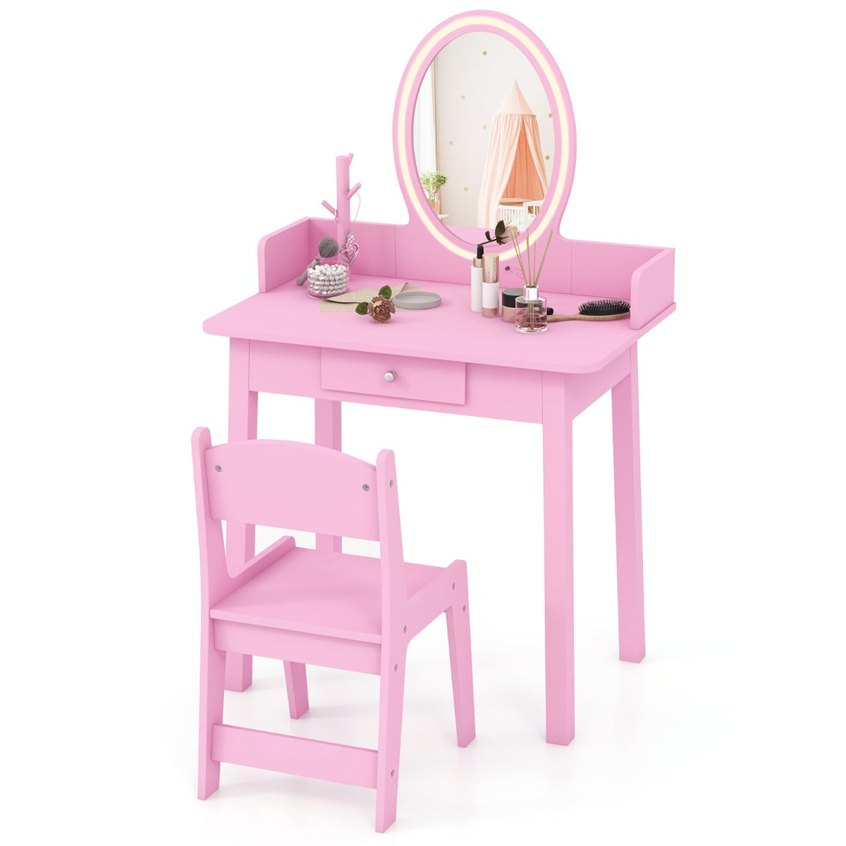 Toucador Infantil para Meninas com Banqueta Espelho Iluminado Iluminação LED de 2 Cores Organizador de Jóias e Gaveta Cor-de-Rosa