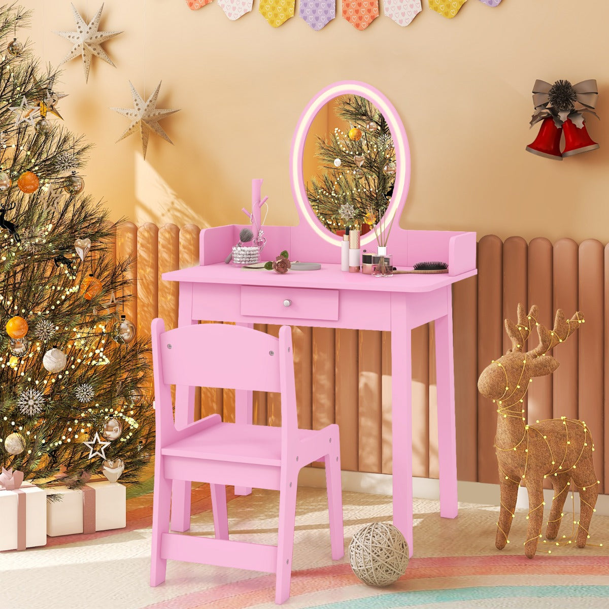 Toucador Infantil para Meninas com Banqueta Espelho Iluminado Iluminação LED de 2 Cores Organizador de Jóias e Gaveta Cor-de-Rosa