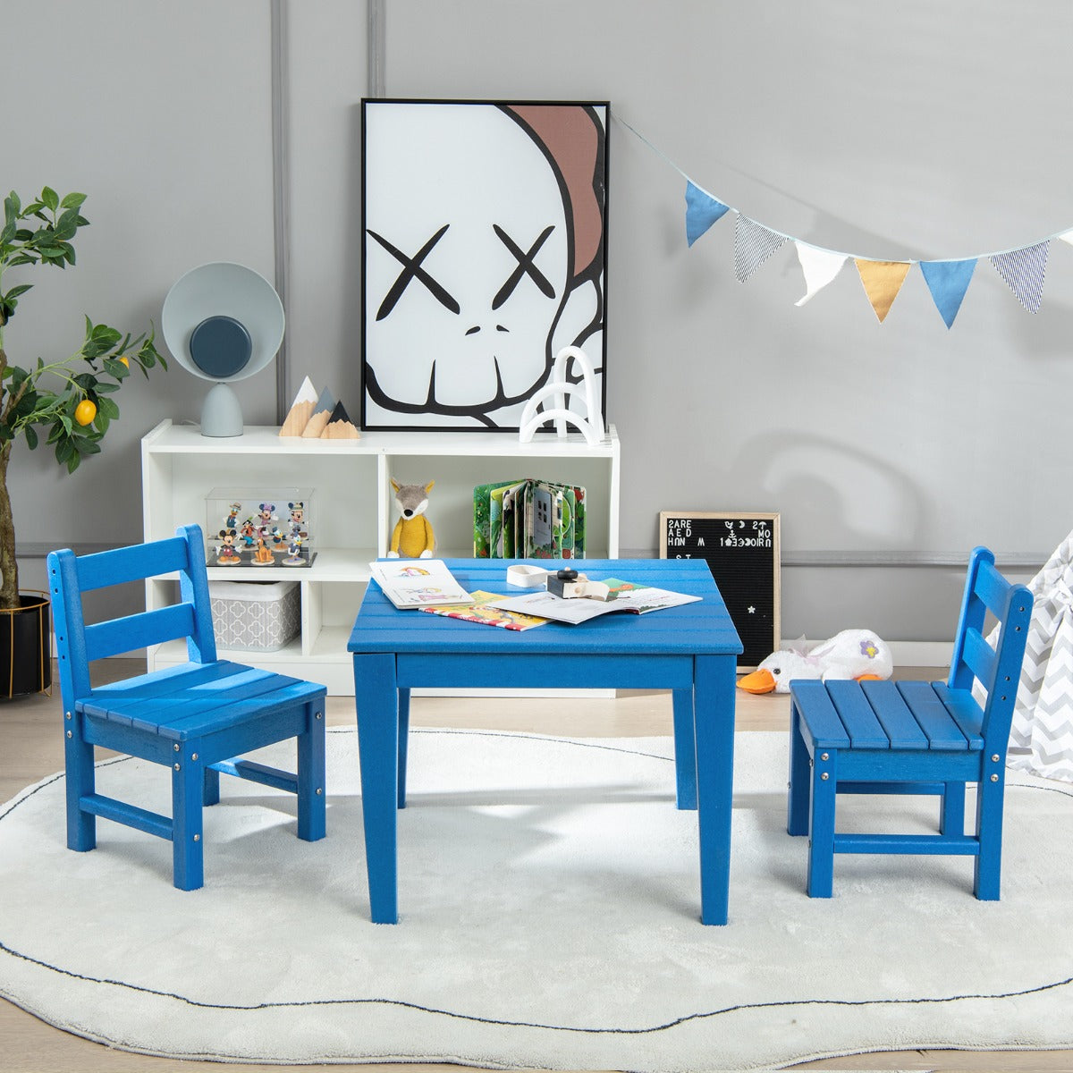 Conjunto de Mesa e Cadeiras para Crianças de 3 Peças - Mesa de Atividades e 2 Cadeiras com Encosto para Brincar, Desenhar e Ler - Azul