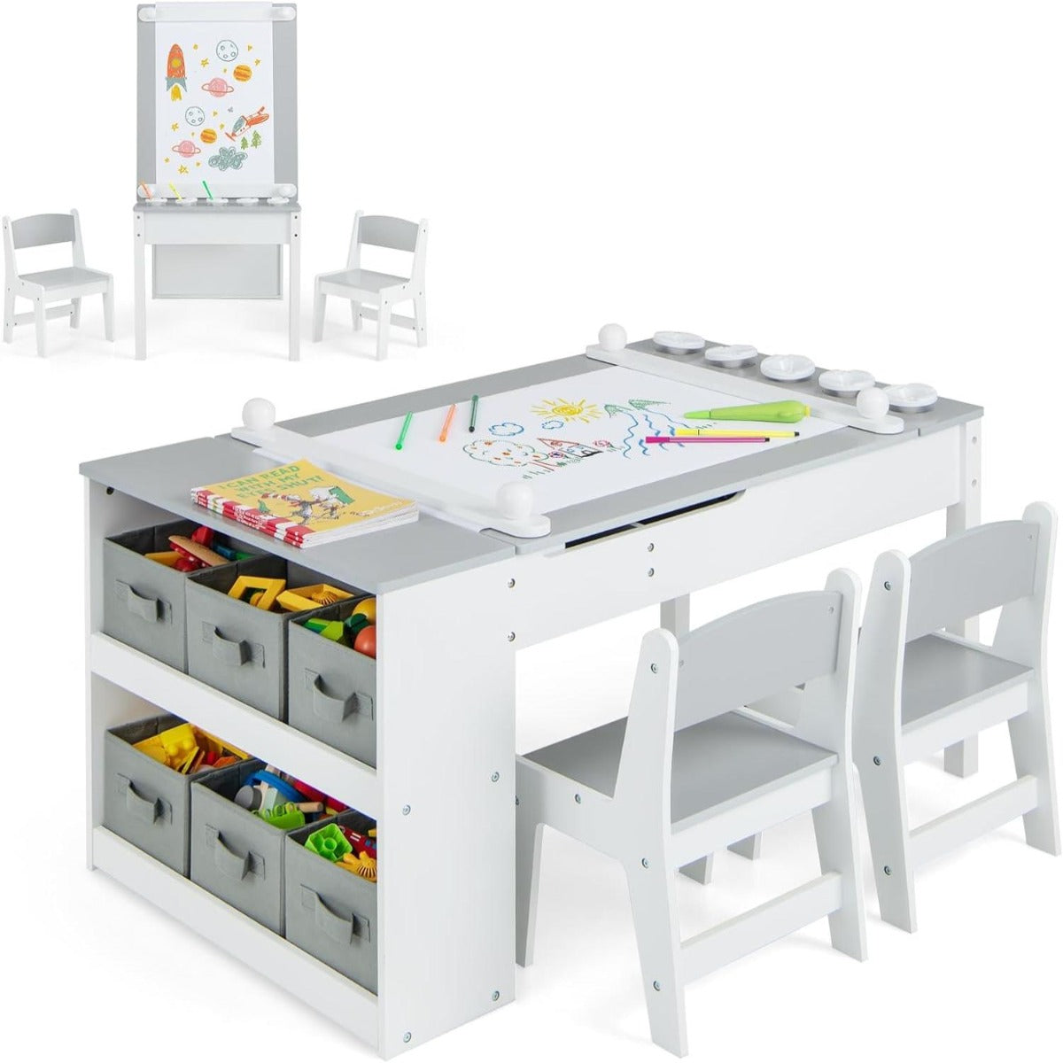 Conjunto de Mesa de Arte Elevável e 2 Cadeiras – 109 cm x 60 cm x 53 cm – Cinza