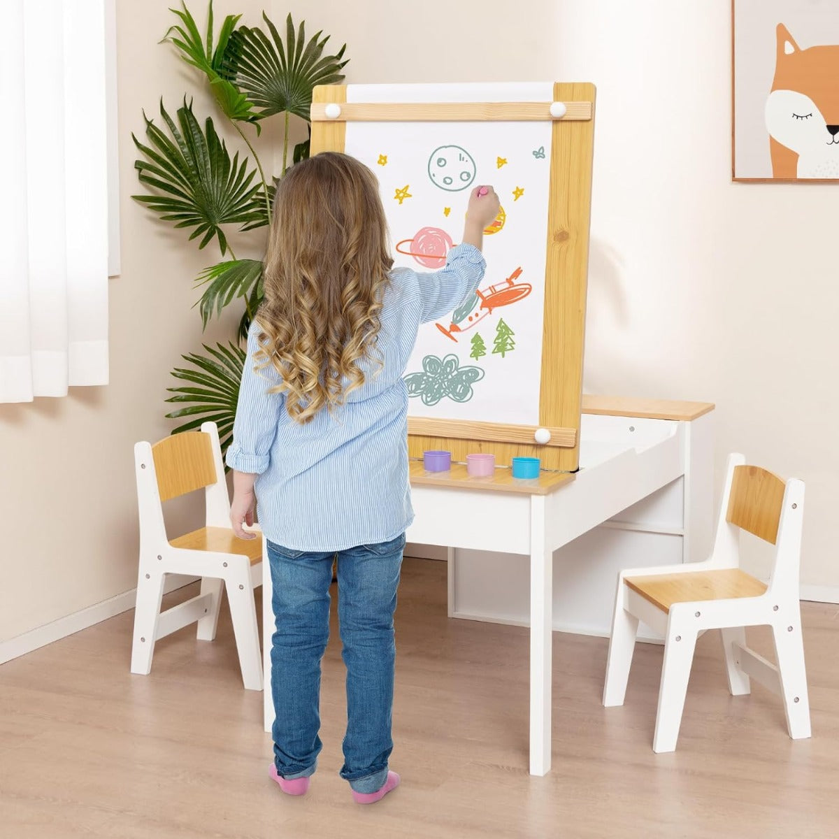 Conjunto de Mesa Elevável e 2 Cadeiras – 109 cm x 60 cm x 53 cm – Natural