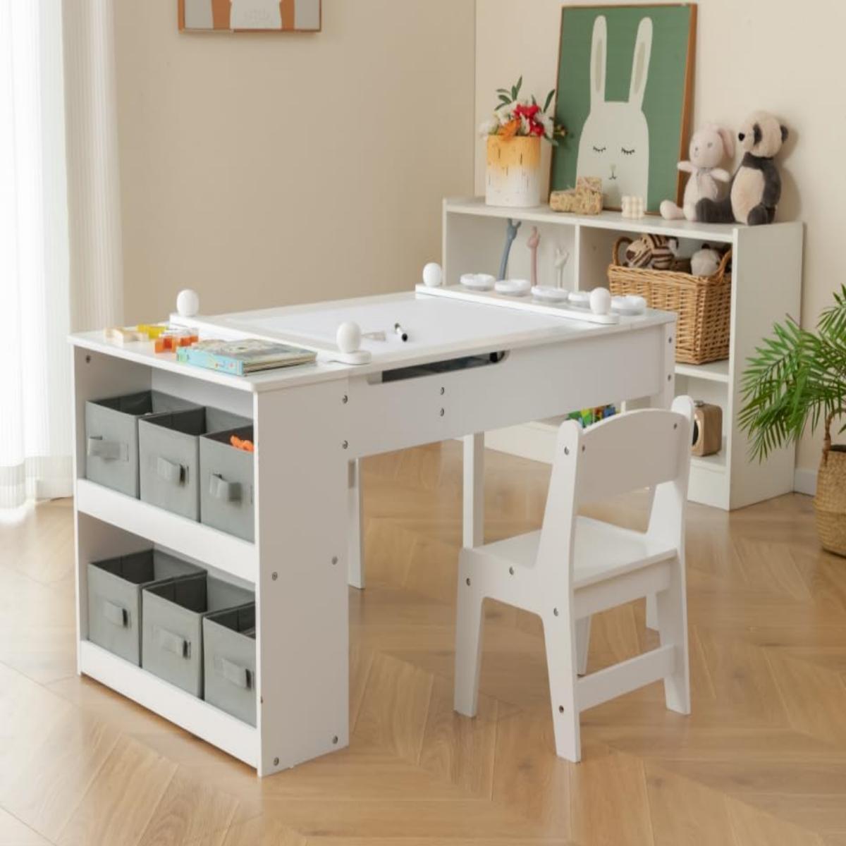 Conjunto de Mesa de Arte Elevável e 2 Cadeiras para Crianças – 109 cm x 60 cm x 53 cm – Branco – Material não explícito