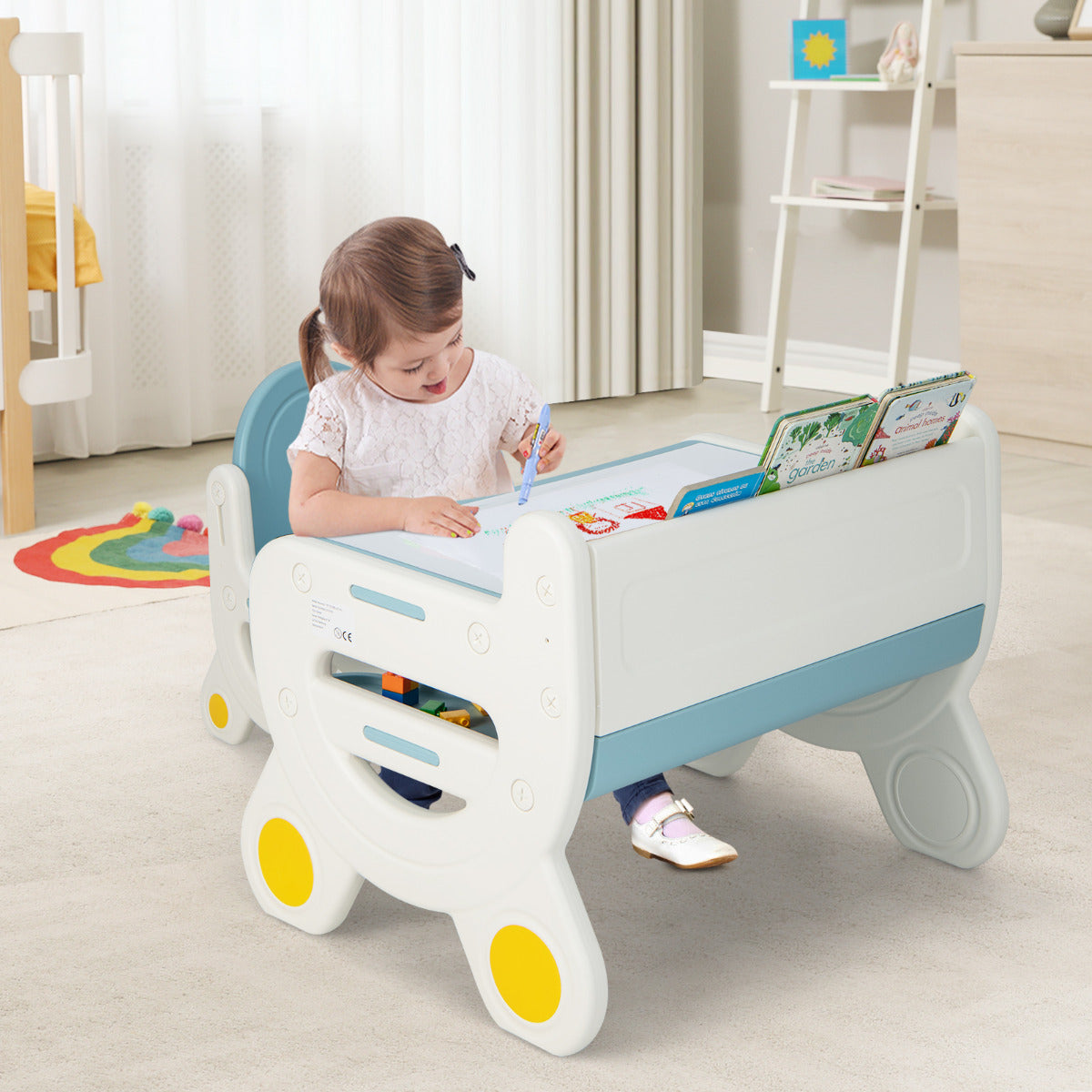 Conjunto de Mesa e Cadeira de Desenho Infantil com Mesa de Atividades para Crianças com Canetas de Aguarela Borracha de Quadro Estante Azul