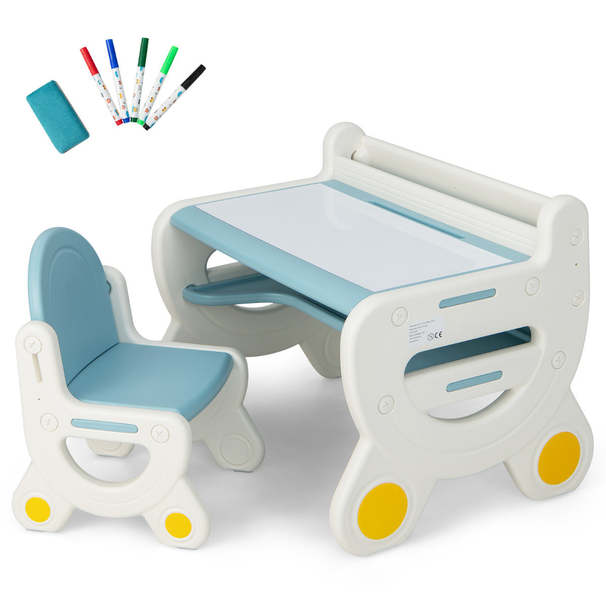 Conjunto de Mesa e Cadeira de Desenho Infantil com Mesa de Atividades para Crianças com Canetas de Aguarela Borracha de Quadro Estante Azul