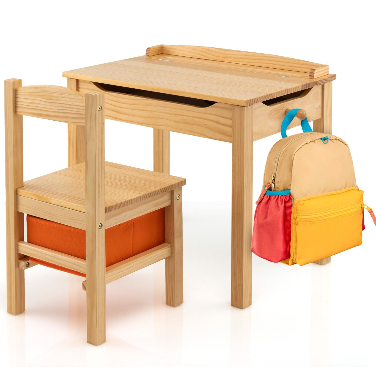 Conjunto de Mesa e Cadeira para Crianças com Secretária de Estudo Gaveta de Arrumação e Gancho-Natural