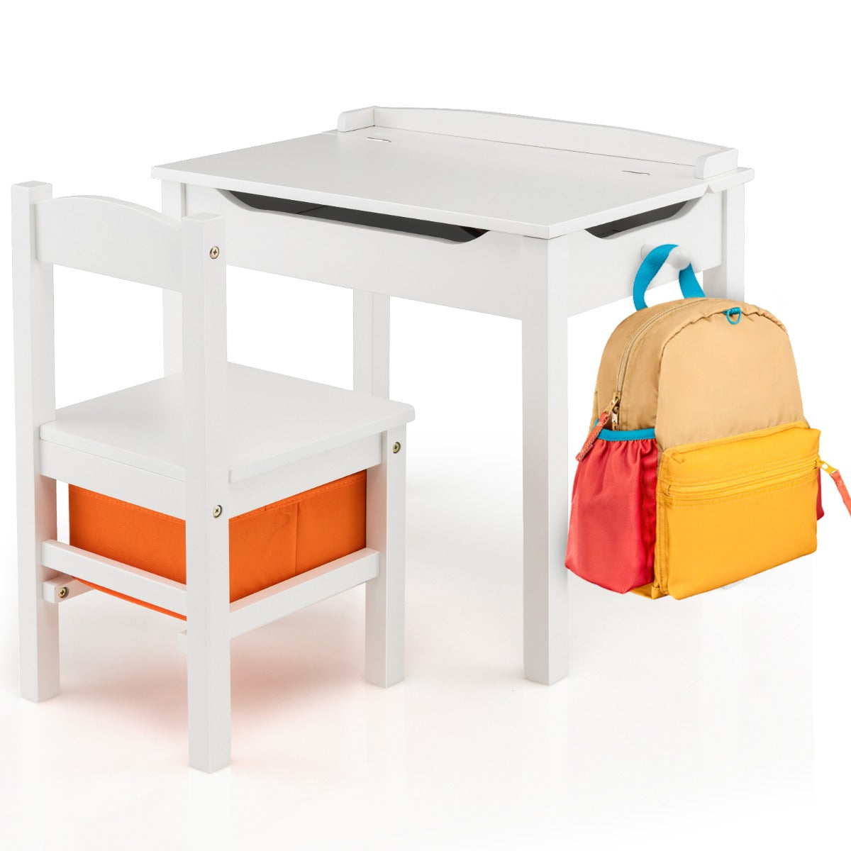 Conjunto de Mesa e Cadeira para Crianças com Secretária de Estudo Gaveta de Armazenamento e Gancho - Branco