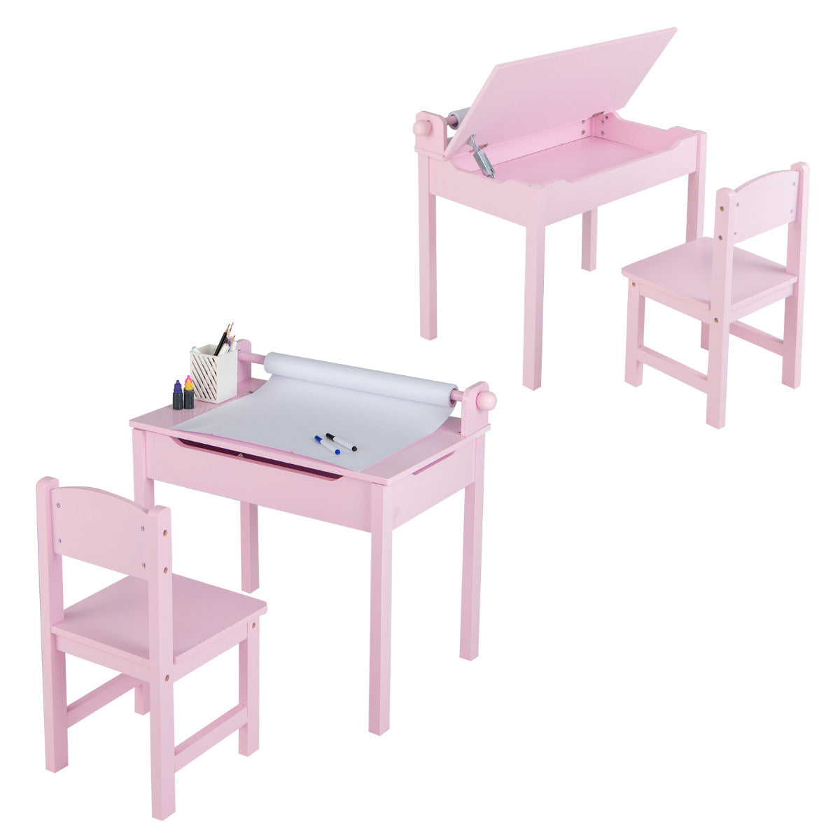 Conjunto de Mesa e Cadeira para Crianças Mesa de Atividades com Armazenamento e Suporte para Rolo de Papel para Desenhar Estudar Brincar Cor-de-Rosa