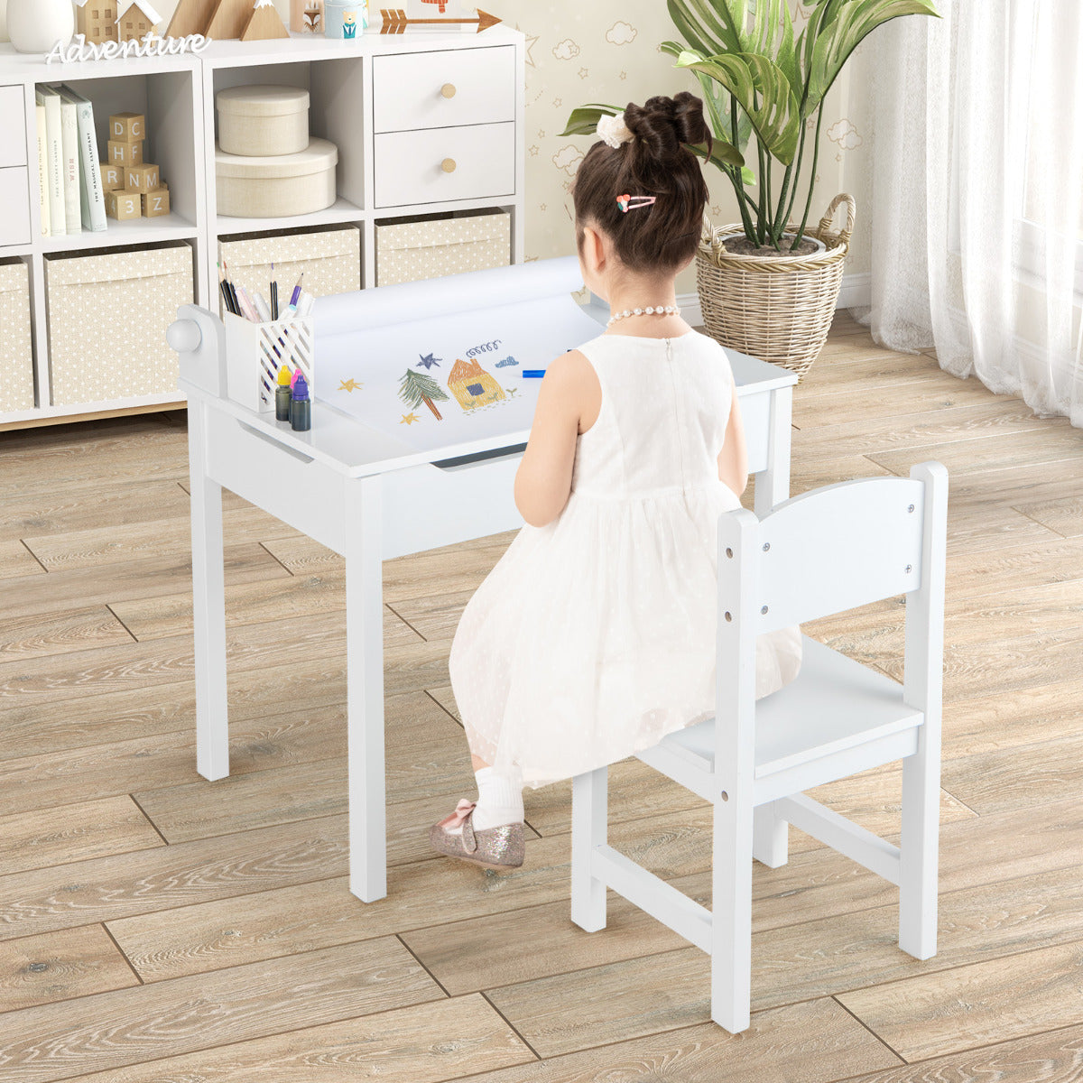 Conjunto de Mesa e Cadeira para Crianças com Mesa de Atividades com Armazenamento e Suporte para Rolo de Papel para Desenhar Estudar Brincar Branco