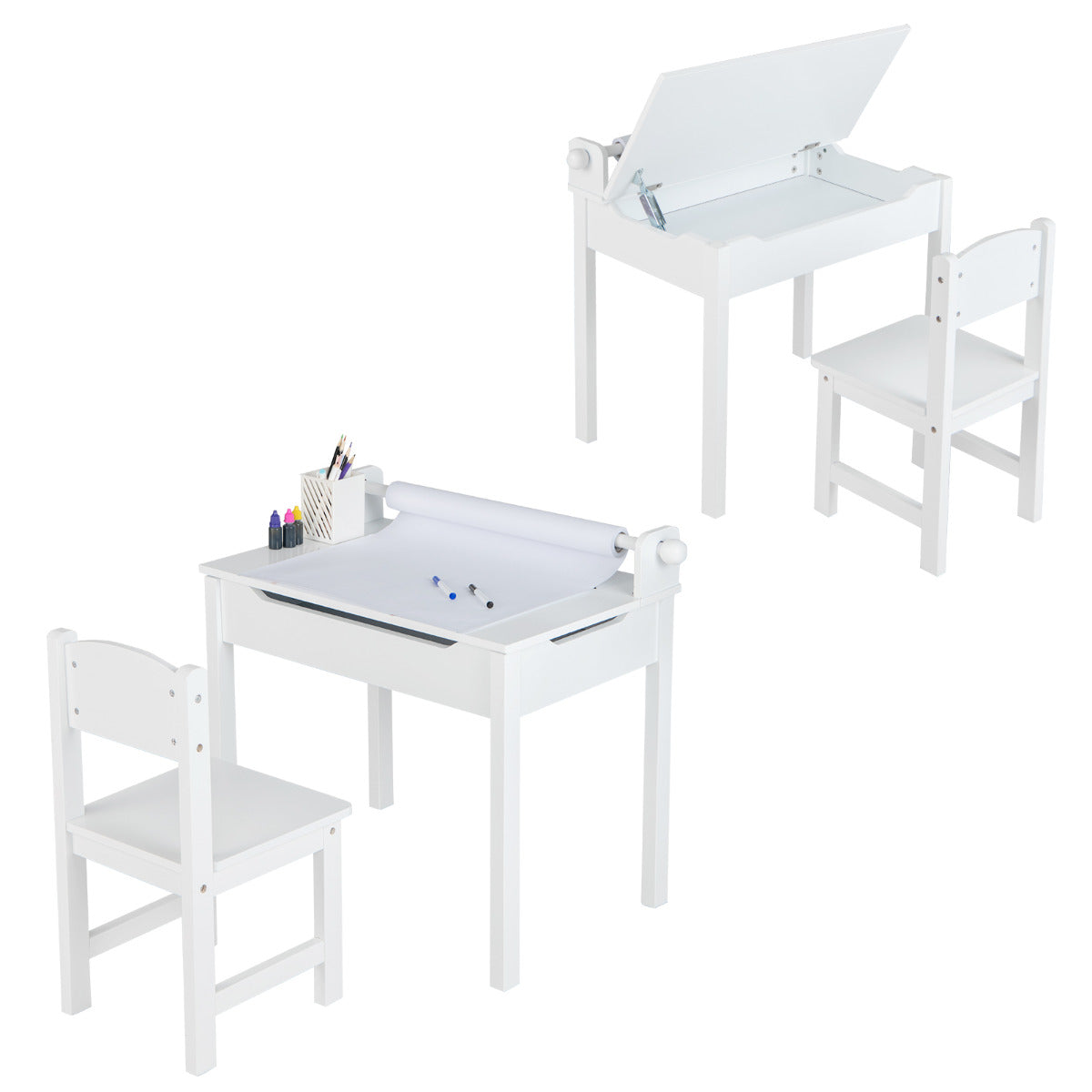 Conjunto de Mesa e Cadeira para Crianças com Mesa de Atividades com Armazenamento e Suporte para Rolo de Papel para Desenhar Estudar Brincar Branco
