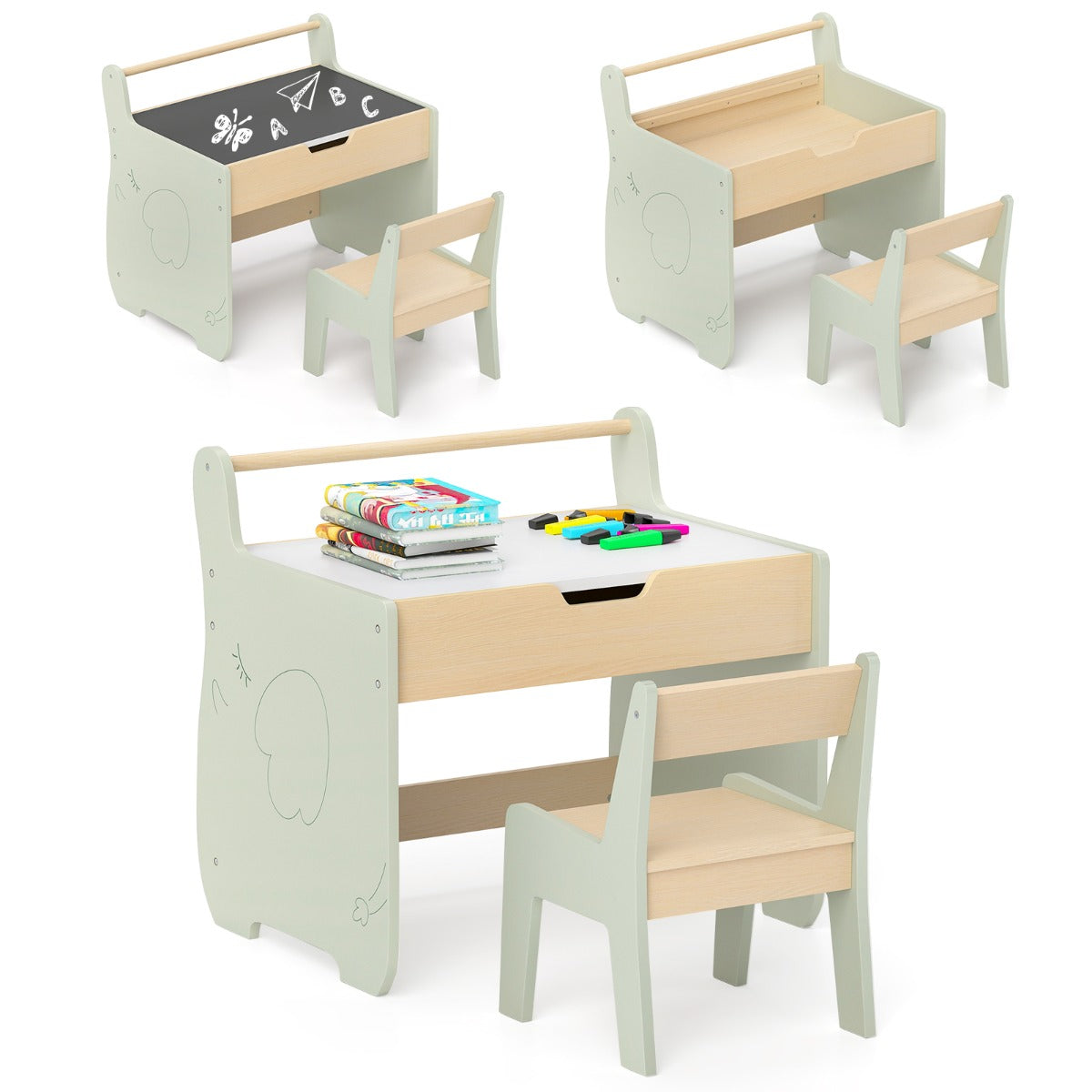 Conjunto de Mesa e Cadeira para Crianças – Verde – Madeira