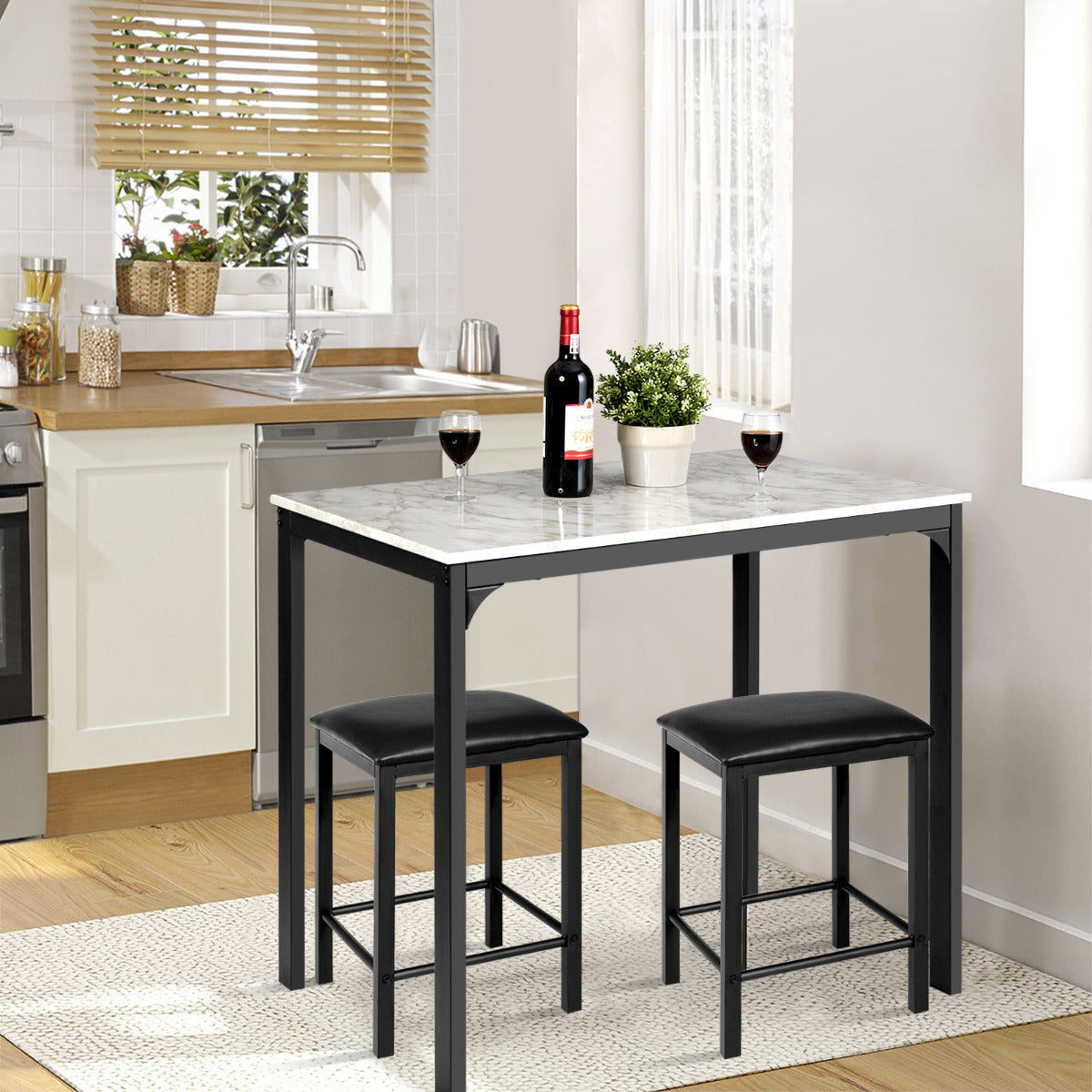 Conjunto de Mesa e Cadeiras de Jantar de 3 Peças - Mesa de Cozinha e 2 Bancos em Pele Sintética Compacto para Bar em Espaços Pequenos na Cor Branca