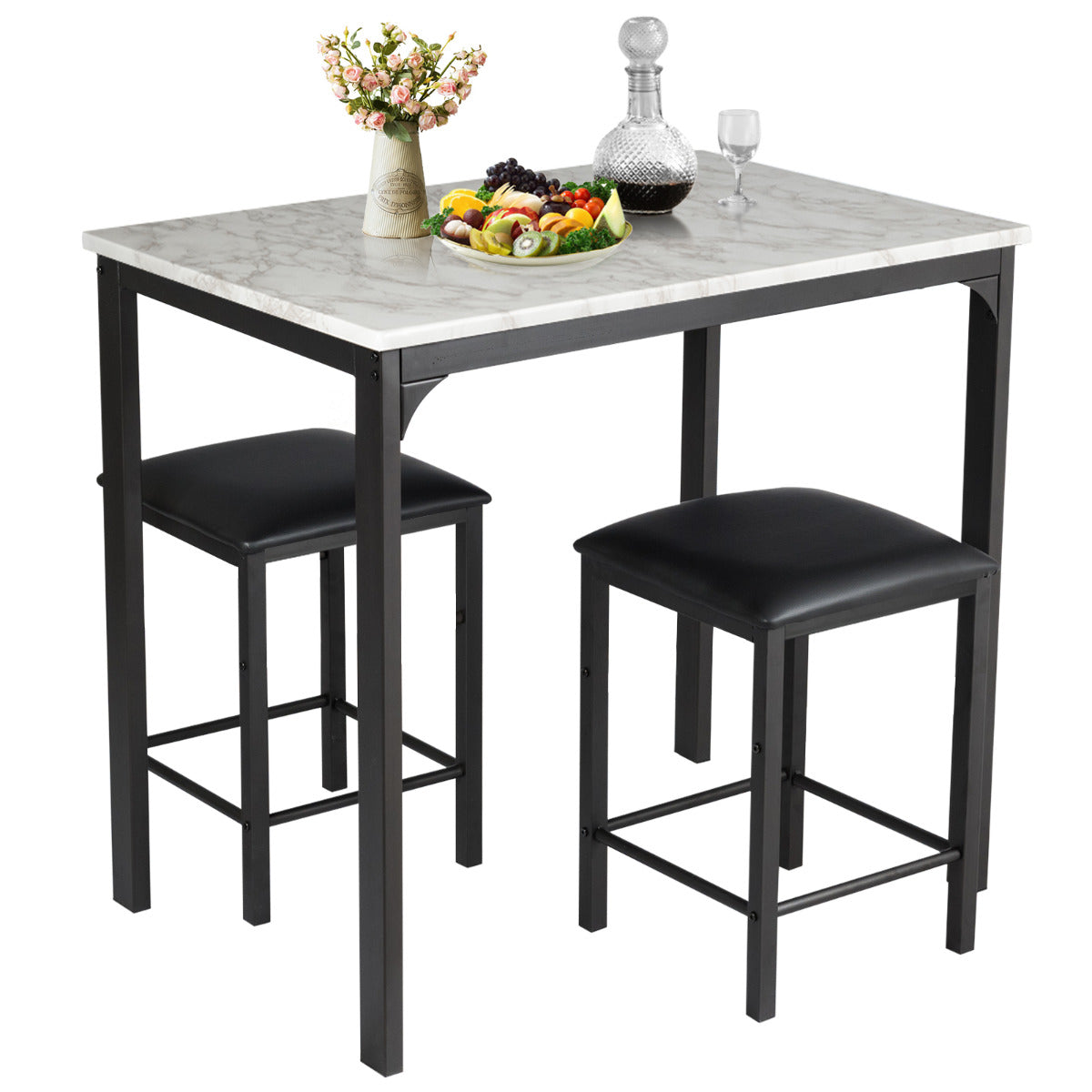 Conjunto de Mesa e Cadeiras de Jantar de 3 Peças - Mesa de Cozinha e 2 Bancos em Pele Sintética Compacto para Bar em Espaços Pequenos na Cor Branca