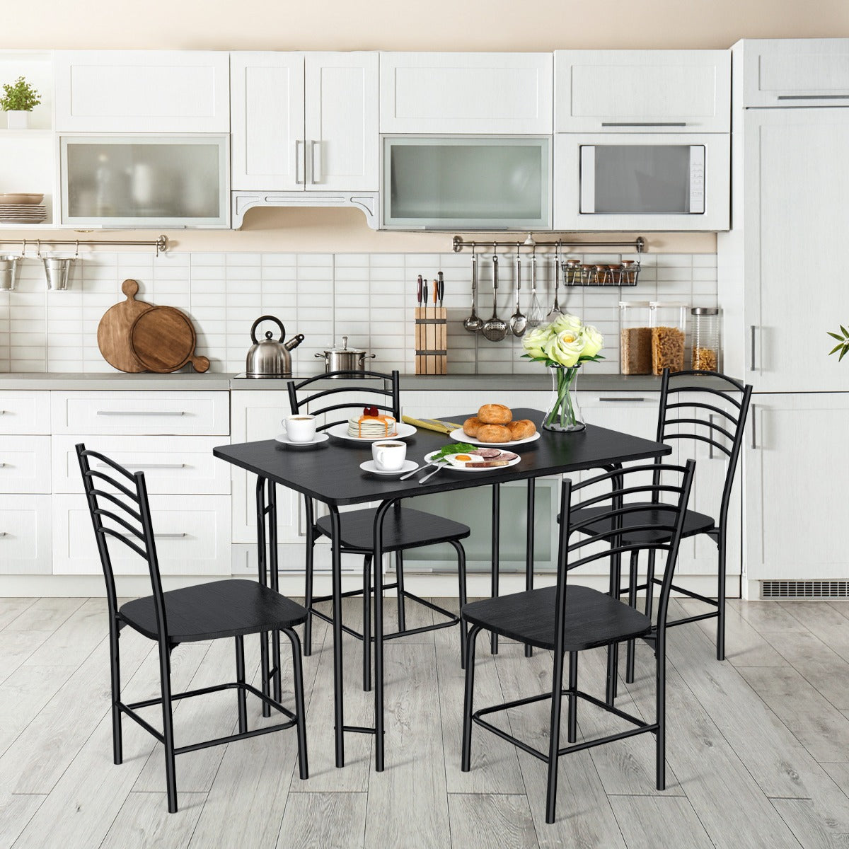 Conjunto de Mesa Retangular e 4 Cadeiras de Jantar com Pernas de Metal Antiferrugem Assentos Amplos Pretos