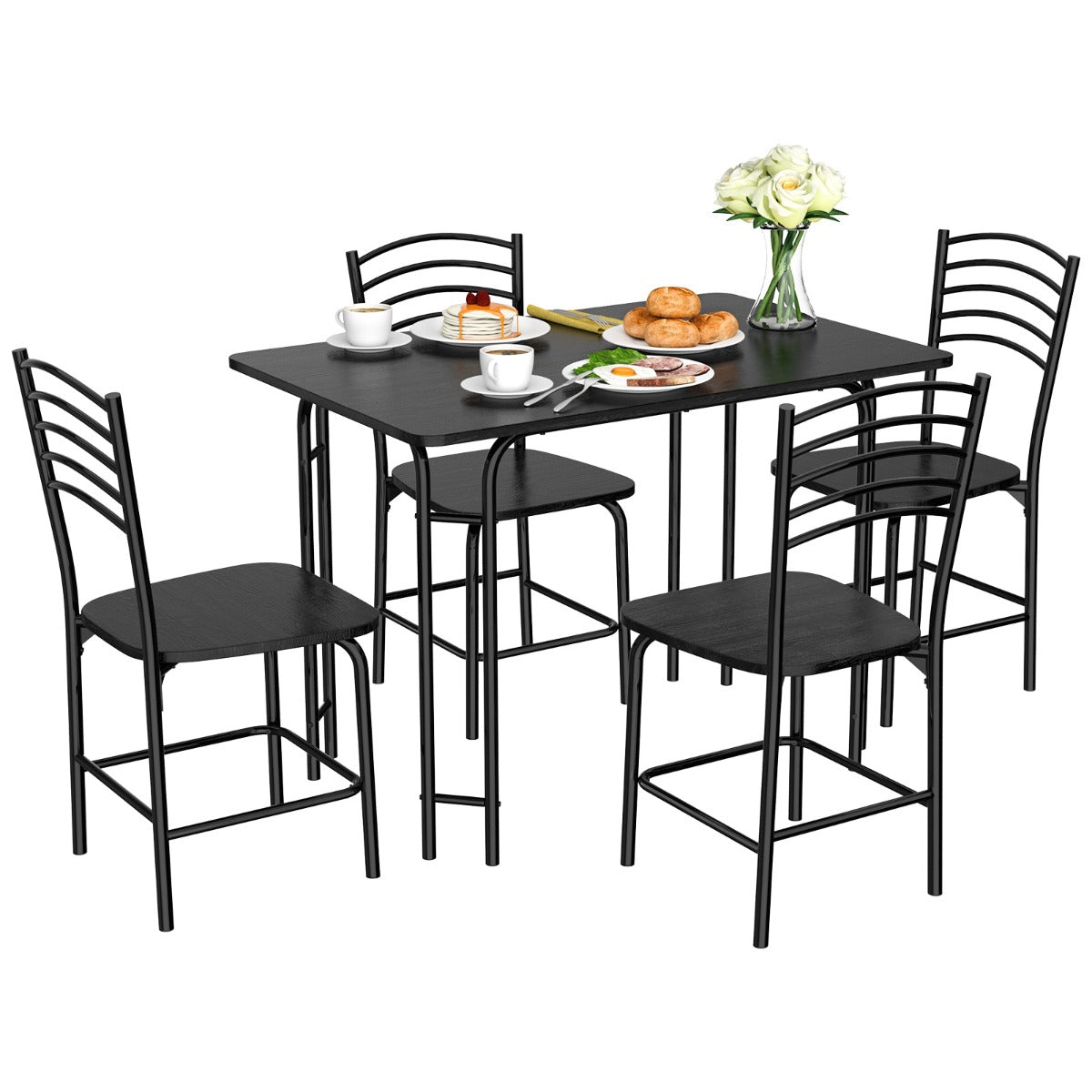 Conjunto de Mesa Retangular e 4 Cadeiras de Jantar com Pernas de Metal Antiferrugem Assentos Amplos Pretos