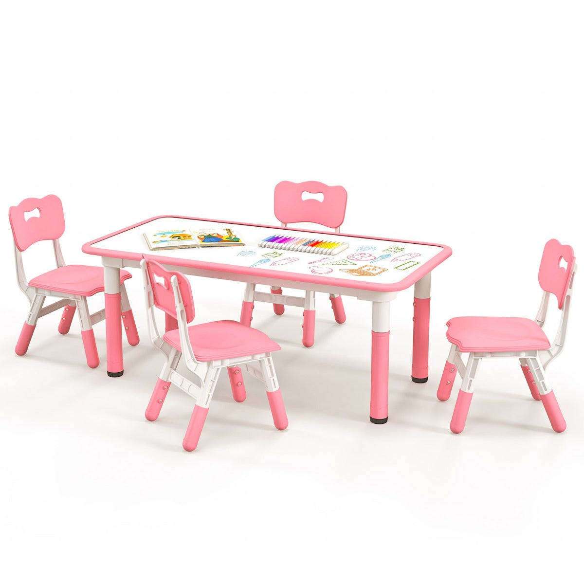 Conjunto de Mesa Infantil e 4 Cadeiras – Ajustáveis em Altura – Rosa – Superfície de Grafite