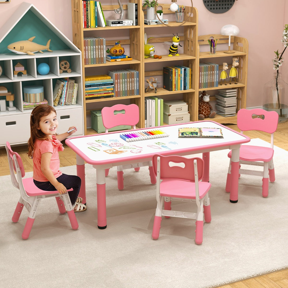 Conjunto de Mesa Infantil e 4 Cadeiras – Ajustáveis em Altura – Rosa – Superfície de Grafite