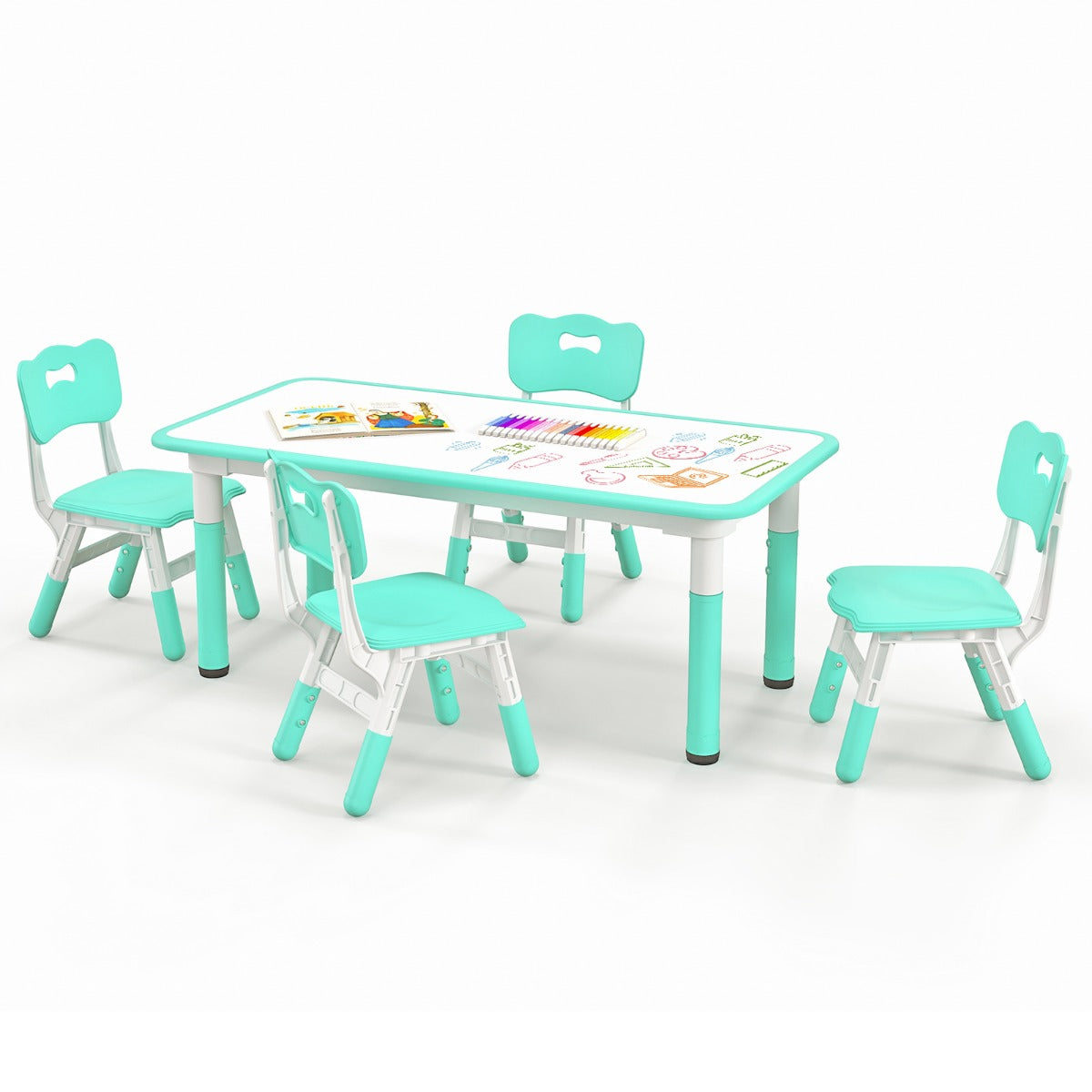 Conjunto de Mesa Infantil e 4 Cadeiras Ajustáveis em Altura – Verde