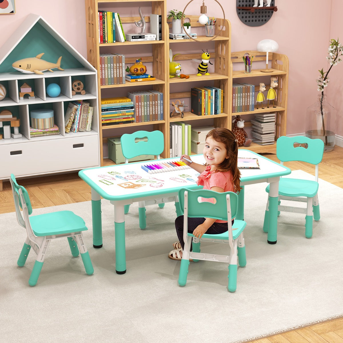 Conjunto de Mesa Infantil e 4 Cadeiras Ajustáveis em Altura – Verde