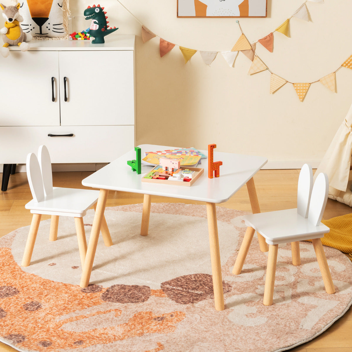Conjunto de Mesa e Cadeiras Infantil Mesa Quadrada 2 Cadeiras de Coelho Pernas de Madeira Poupa Espaço Conjunto de Móveis Multifuncional para Crianças Branco