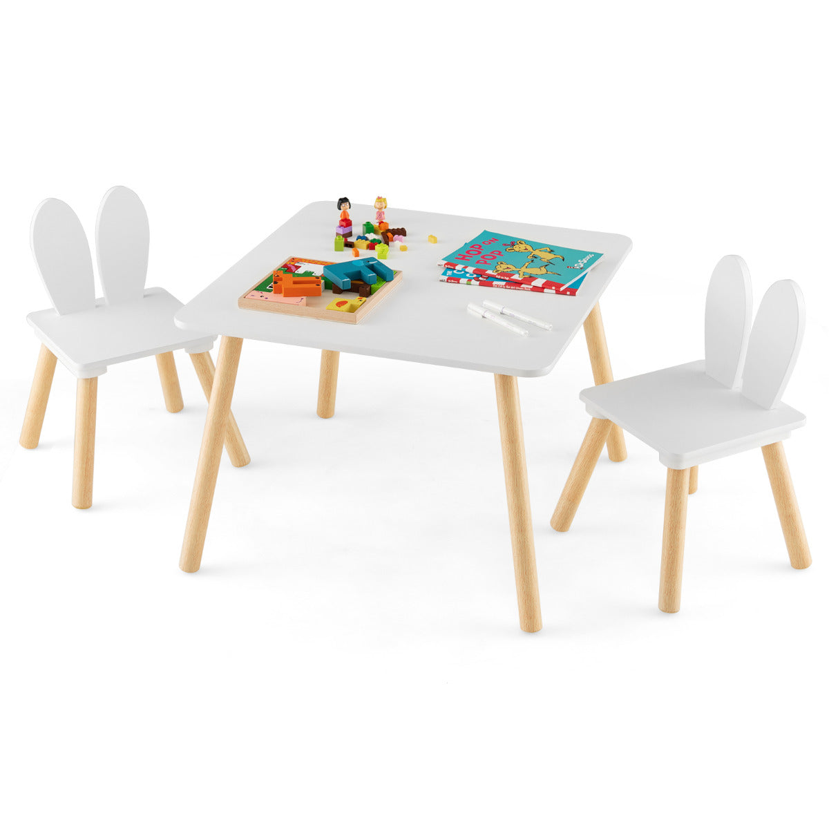 Conjunto de Mesa e Cadeiras Infantil Mesa Quadrada 2 Cadeiras de Coelho Pernas de Madeira Poupa Espaço Conjunto de Móveis Multifuncional para Crianças Branco
